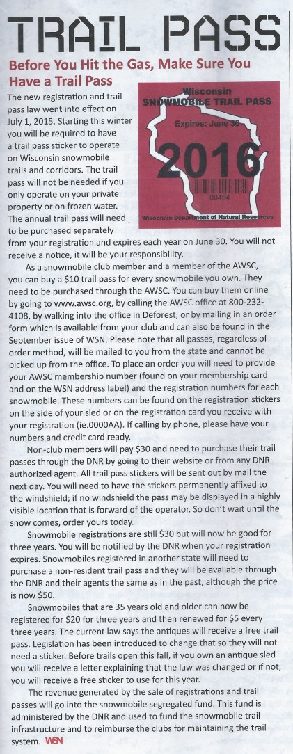 AWSC Snowmobile article on new trail pass